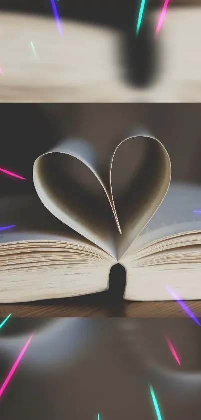 Book pages form a heart with vibrant light effects.