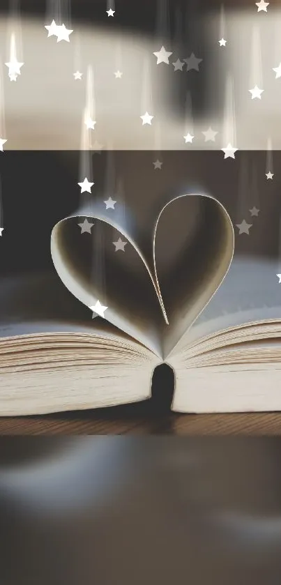 Heart-shaped book pages with falling stars wallpaper for mobile phones.