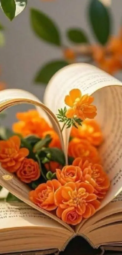 Heart-shaped book pages with orange flowers.