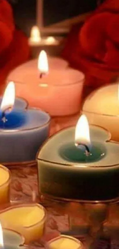 Heart-shaped candles glowing warmly with vibrant colors and soft ambiance.