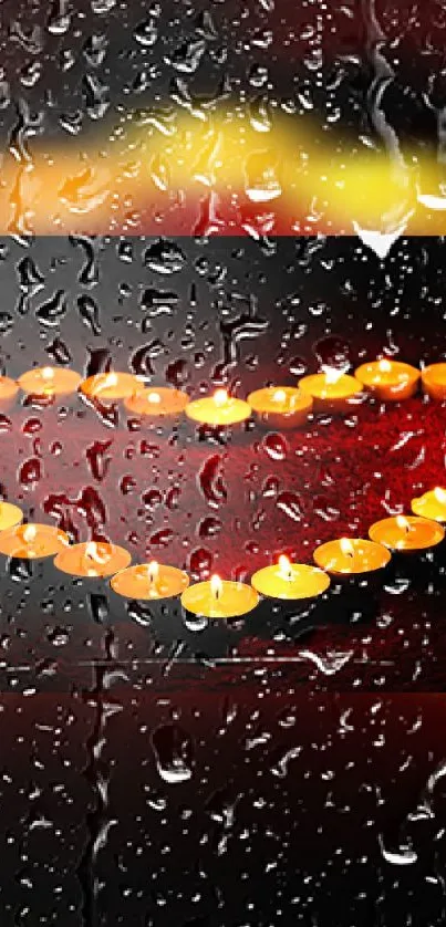 Heart-shaped candle light with raindrops on glass background.