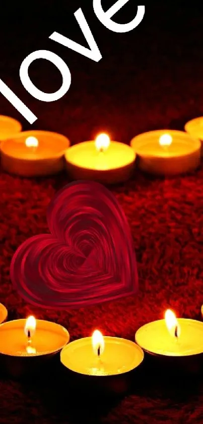 Heart-shaped candle arrangement on deep red background with love text.