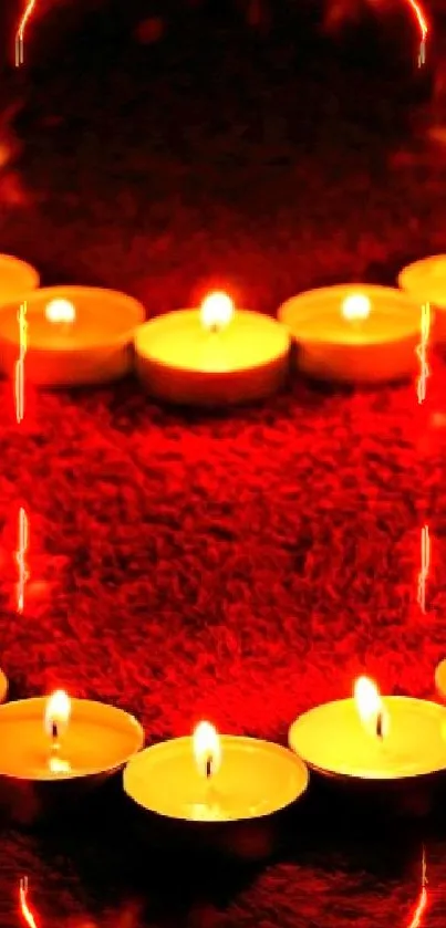 Heart-shaped candle display on red background, perfect for romantic themes.