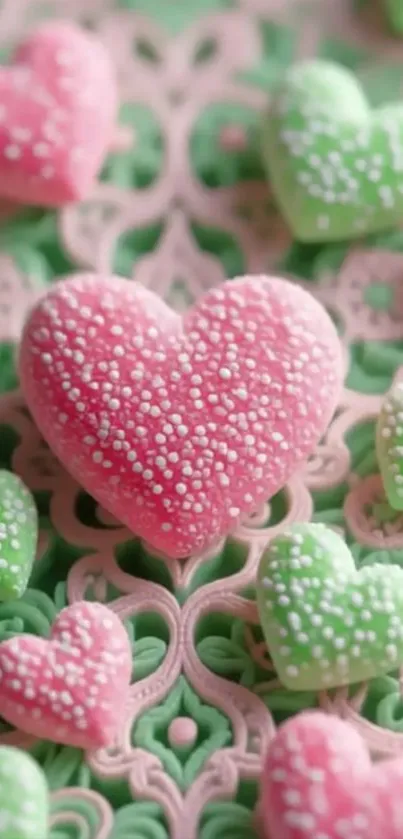Heart-shaped candies in pink and green on a decorative surface.
