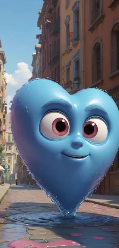 A cute animated blue heart character walking down an urban street.