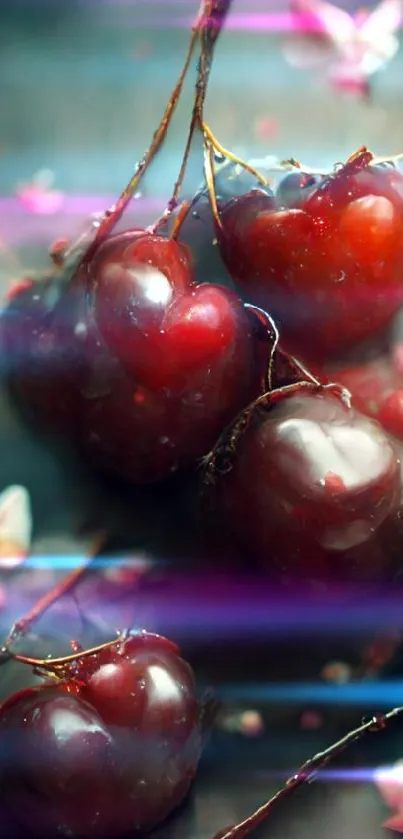 Heart-shaped red cherries with flowers on dark background.