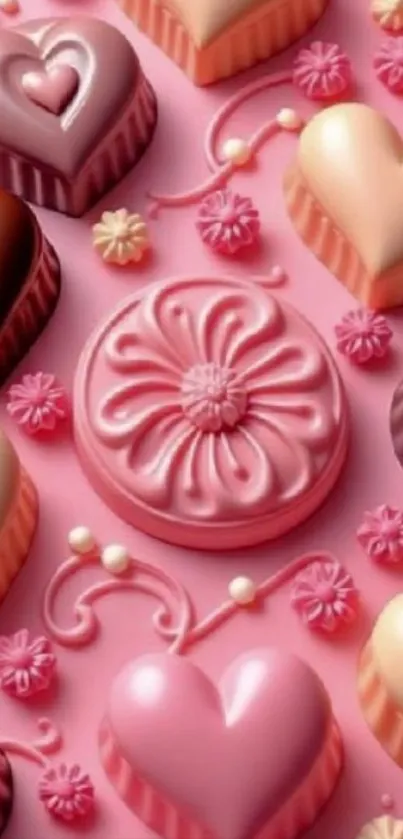 Heart-shaped chocolates on pink background wallpaper.