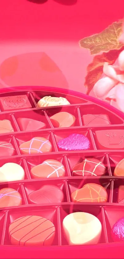 Heart-shaped chocolate box with pink roses background.