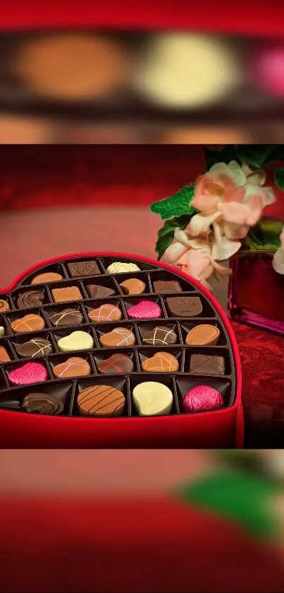 Heart-shaped chocolate box with flowers and vibrant red background.