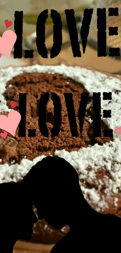 Heart-shaped chocolate cookie with powdered sugar on a wooden background.