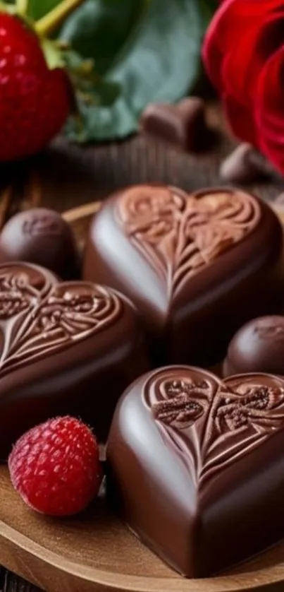 Heart-shaped chocolates with berries and roses.