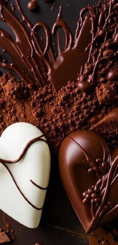 Heart-shaped dark and white chocolates with cocoa.