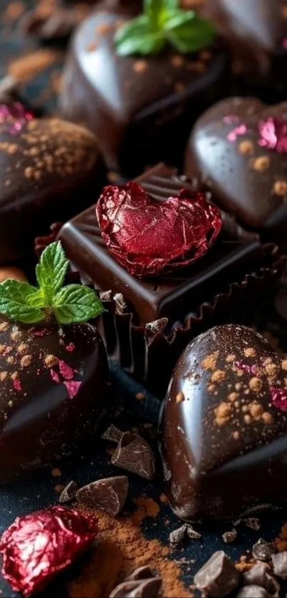 Heart-shaped chocolates with mint garnish.