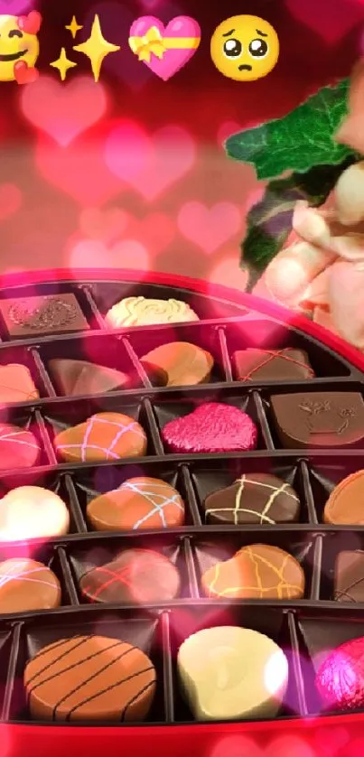 Heart-shaped chocolate box with flowers on red background.