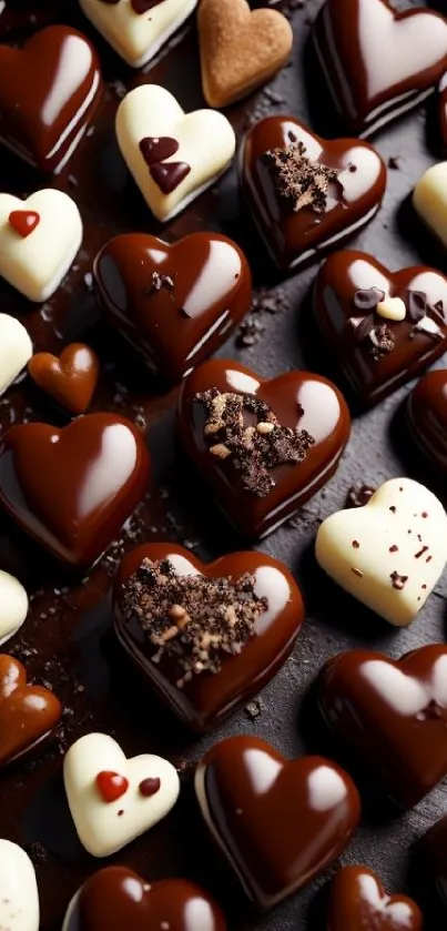 Heart-shaped chocolates in dark and white tones on a textured background.