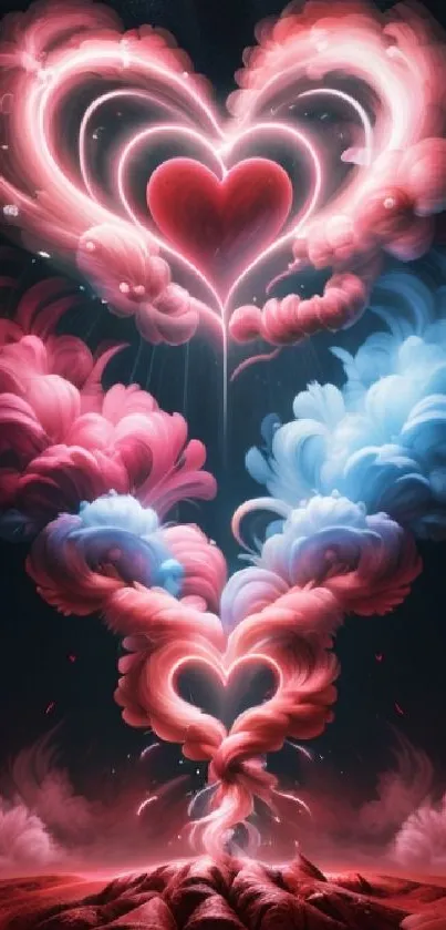 Heart-shaped clouds in vibrant pinks and blues against a dark background.