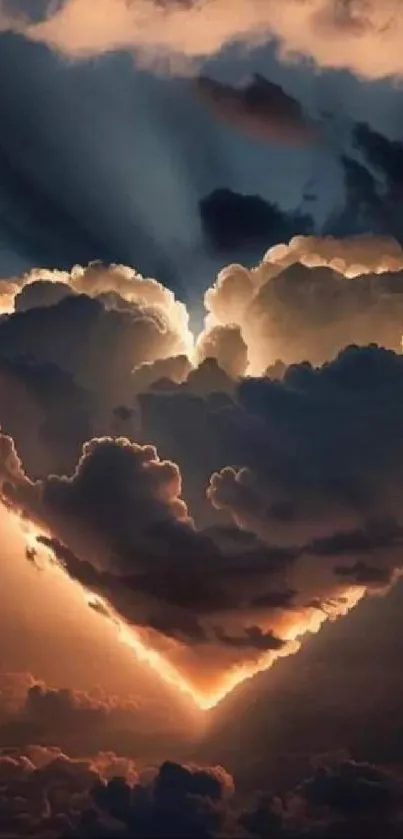 Heart-shaped cloud illuminated by sunset in dramatic sky.