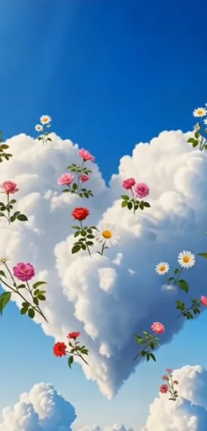 Heart-shaped cloud with flowers in blue sky.