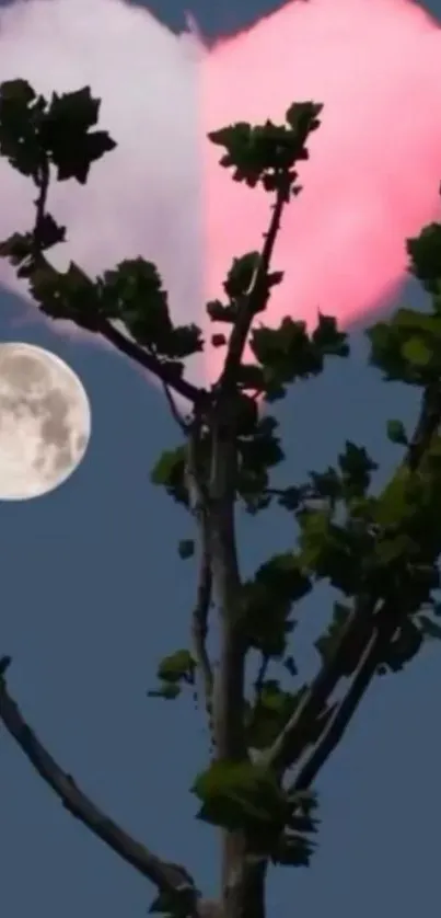 Heart-shaped clouds with a moonlit backdrop and tree silhouette.