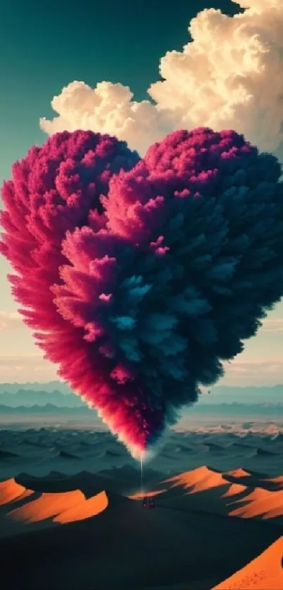 Surreal heart-shaped cloud over desert landscape with vibrant colors.