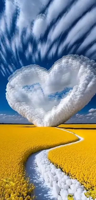 Heart-shaped cloud over a golden field with a blue sky.