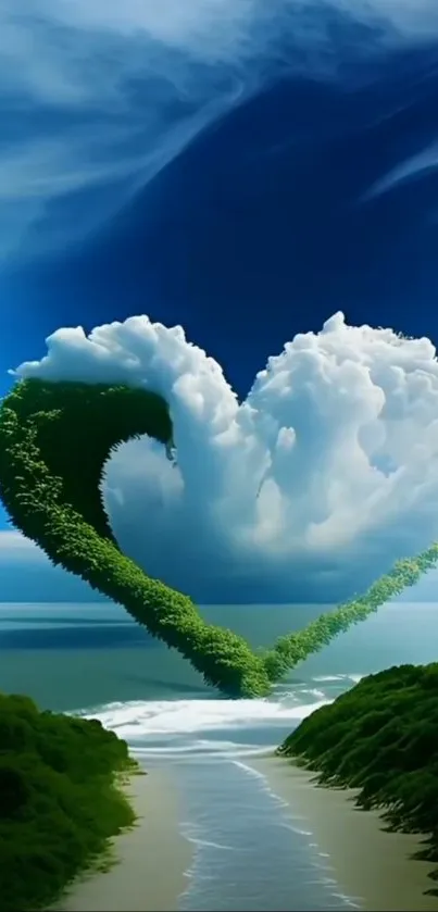 Heart-shaped cloud over ocean with lush greenery