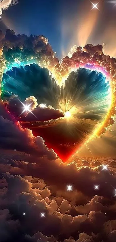 Heart shaped cloud with rainbow colors and celestial sky.