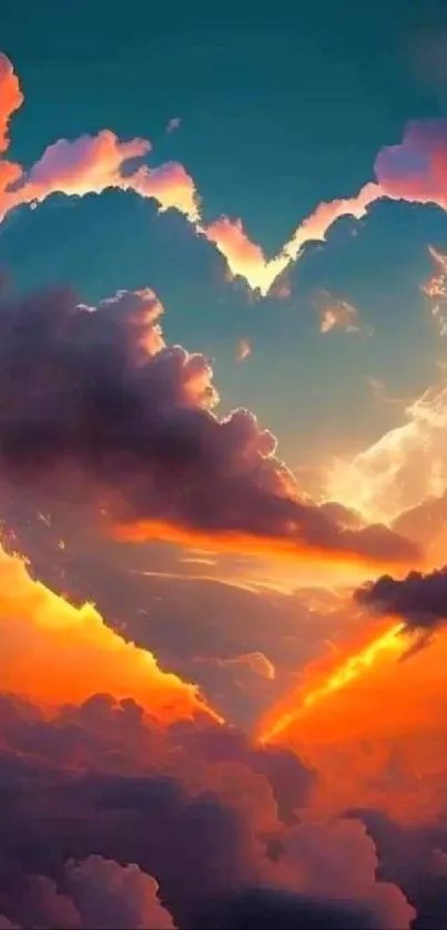 Heart shaped cloud with a vibrant sunset sky featuring orange and blue hues.