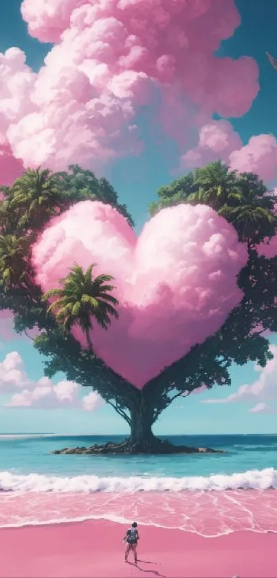 Heart-shaped cloud tree on pink beach under blue sky.