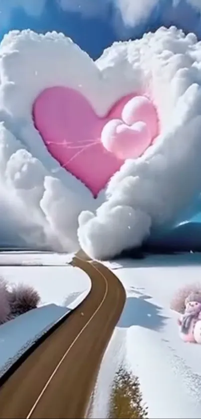 Heart-shaped cloud over snowy road.
