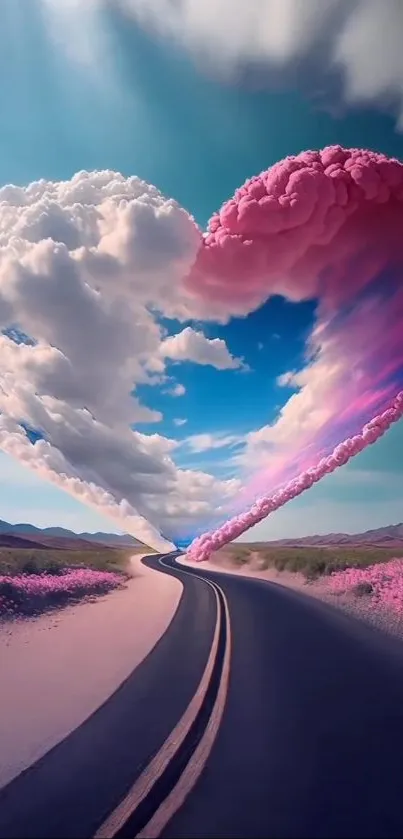 Heart-shaped cloud in sky over scenic road.