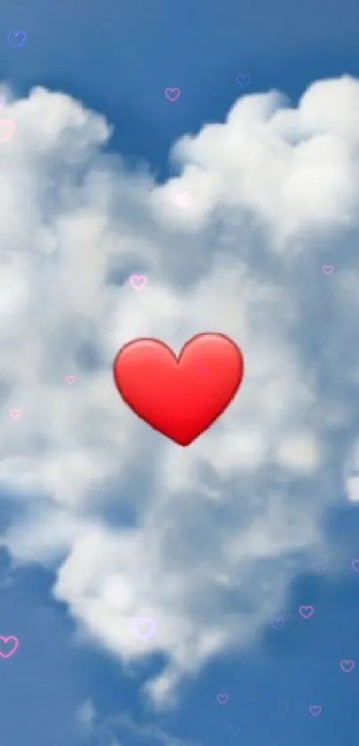 Heart-shaped cloud with red heart emoji in blue sky.