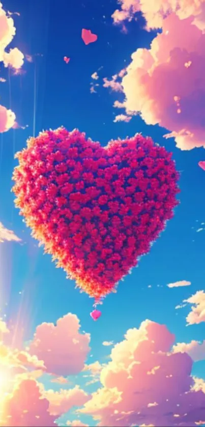 Heart-shaped pink cloud in a blue sky with fluffy surrounding clouds.
