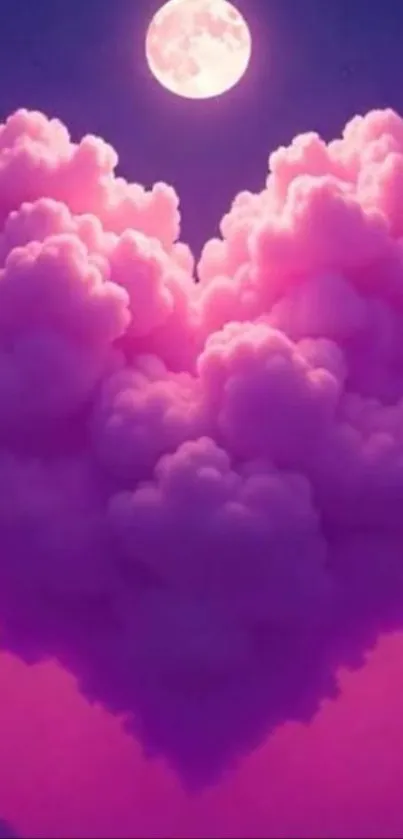 Heart-shaped pink cloud beneath a full moon in a whimsical night sky.