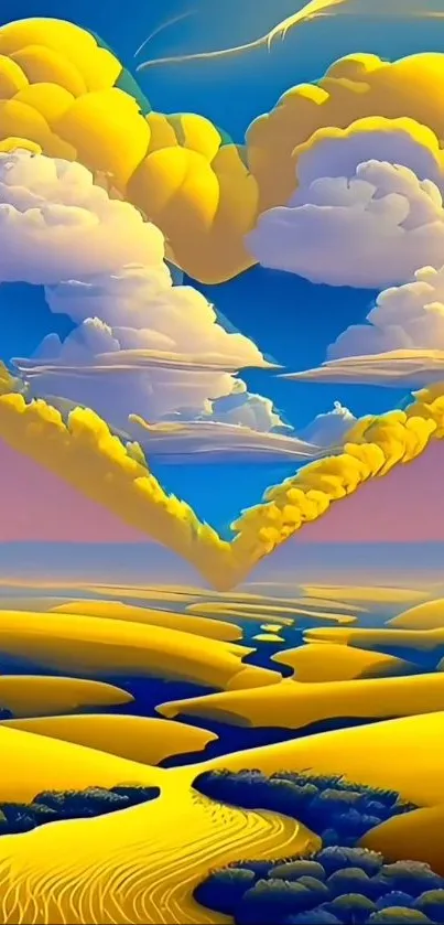 Heart-shaped cloud in vibrant sky over rolling hills.