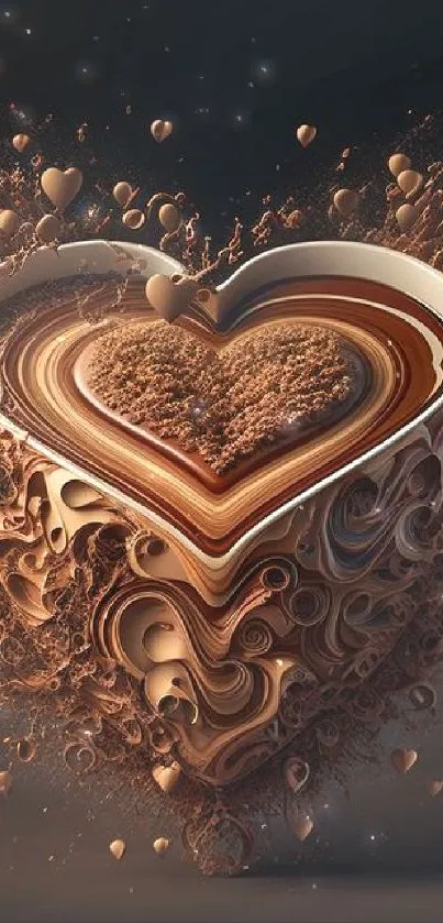 Heart-shaped coffee art with chocolate swirls and warm tones.