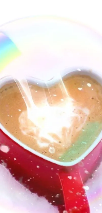 Heart-shaped coffee cup with creamy coffee and rainbow glow.