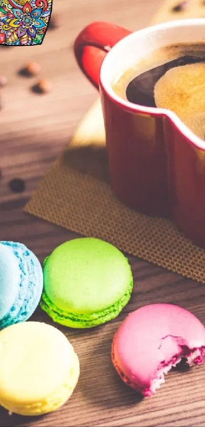 Heart-shaped coffee cups and colorful macarons on a wooden table.