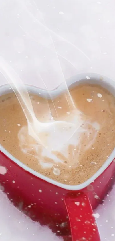 Heart-shaped coffee mug steaming in winter snow setting.