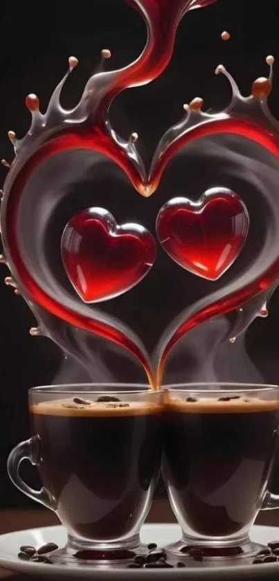 Heart-shaped coffee splash with vibrant colors in a dark setting.