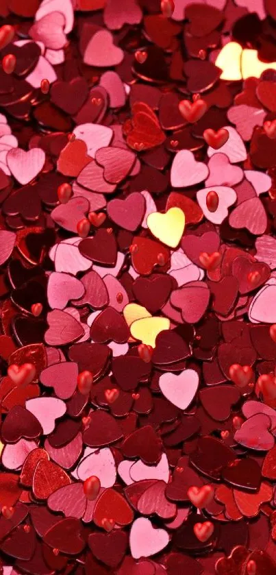 Red heart-shaped confetti background for mobile.