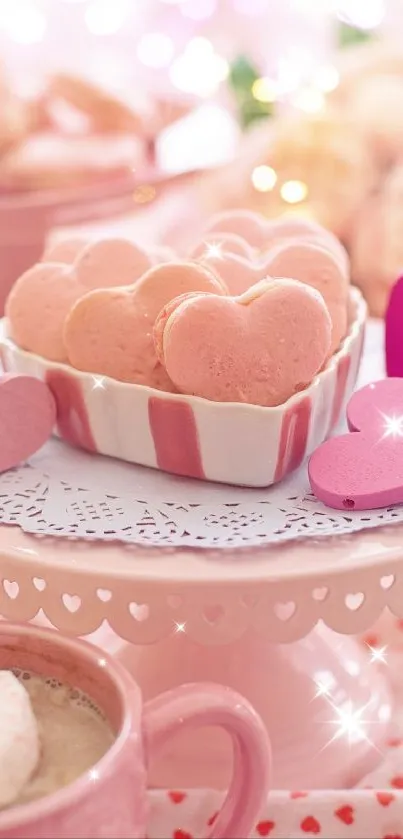 Heart-shaped pink cookies on a pink tray with sparkles.