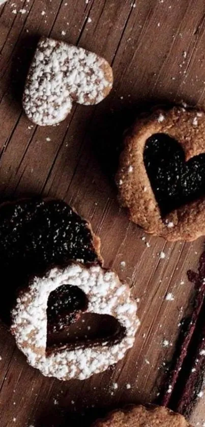 Heart-shaped cookies on a rustic wooden surface, dusted with powdered sugar.
