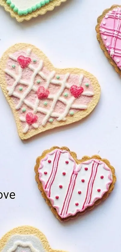 Heart-shaped cookies with pink icing on a white background.