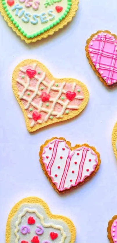 Colorful heart-shaped cookies with decorative icing.