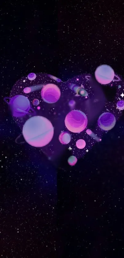 Heart-shaped cosmic design with purple planets and stars on a mobile wallpaper.