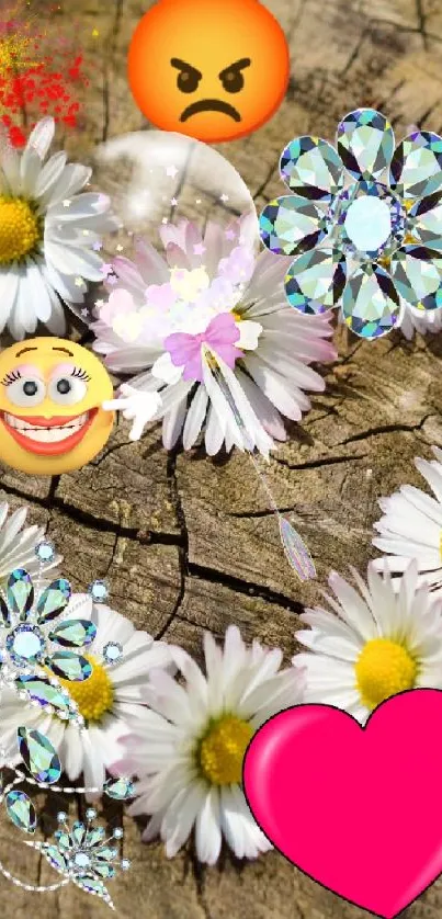 Daisy heart with colorful emojis on a wooden background.