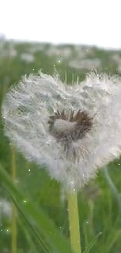 Heart-shaped dandelion in a green field with a peaceful setting.