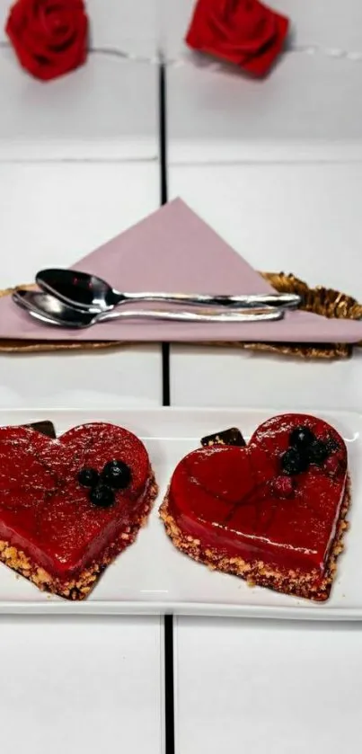 Heart-shaped red desserts on a plate with romantic decor.