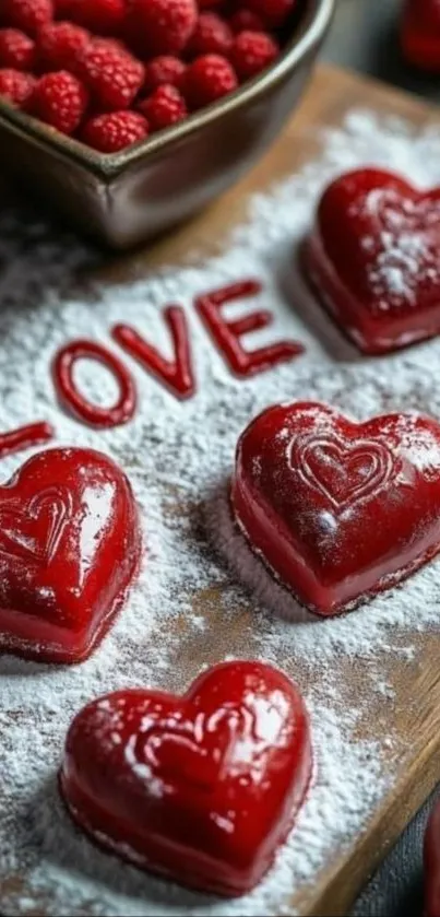 Red heart-shaped desserts with raspberries and 'LOVE' text.